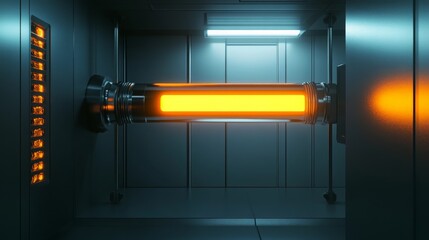 single glowing fuel rod in dark sterile room, minimal shadows, high detail, realistic style, 16:9