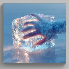 Hyper-realistic image of frozen human hand reaching out encased in frosted ice cube with pastel tones and soft lighting Generative AI