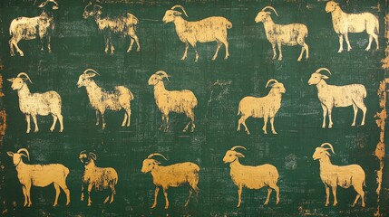 Fototapeta premium Gold goat silhouettes on a dark green background.