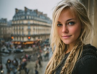 Young Blonde Woman Standing in Apartment Window with City View