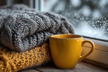 Cozy Scene with Yellow Coffee Mug and Warm Knitted Sweaters