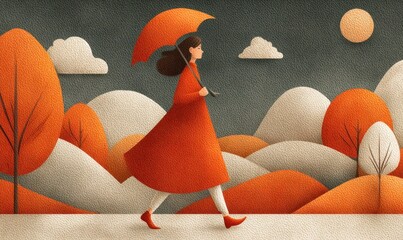 Woman Walking in the Rain with an Umbrella and Bright Colors
