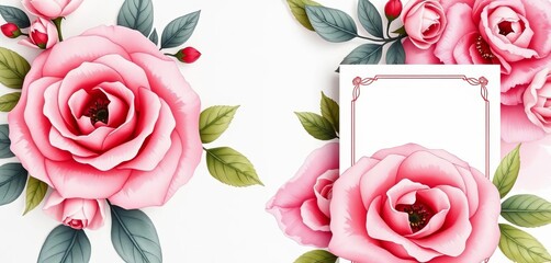 Elegant watercolor pink rose wedding invitation suite, lush floral details,  rose bouquet,  pink flowers