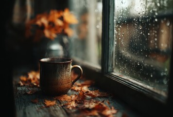 Steaming Mug of Hot Coffee on a Rainy Windowsill with Leaves