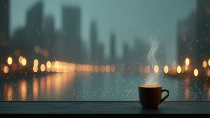 Cozy Cup of Steaming Coffee on Windowsill with City View