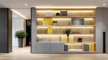 Modern Office Interior Design Stylish Built in Wooden Shelves with LED Lighting and Gray Cabinets