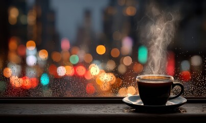 Steaming Cup of Coffee on Table with Blurred City Lights Background