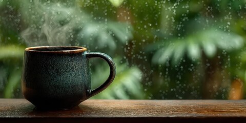 Steaming Cup of Coffee on Table with Window and Raindrops Background