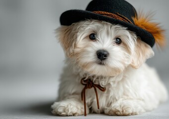 Cute Small White Dog with Hat Sitting on a Plain Background