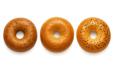 Various types of bagels displayed on a neutral surface in bright lighting