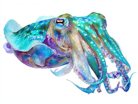 A vibrant cuttlefish with iridescent blue and green skin swims gracefully against a bright white background, showcasing its unique color patterns and form.