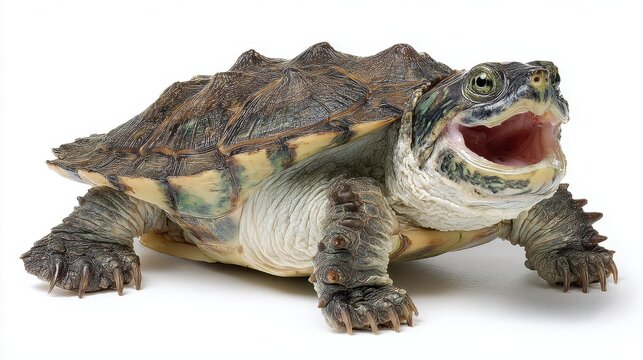 A captivating alligator snapping turtle is photographed against a pristine white background with its mouth open, displaying its unique and prehistoric features.