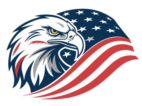This vector illustration of a bald eagle on an American flag background represents patriotism.