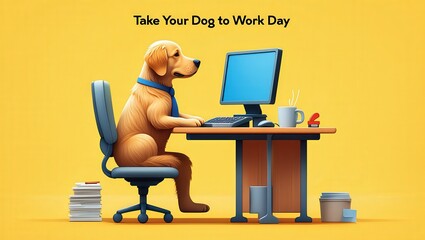 National Take Your Dog to Work Day concept with a golden retriever at an office desk