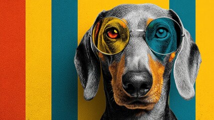 Dachshund with Rainbow Sunglasses Against Vibrant Background