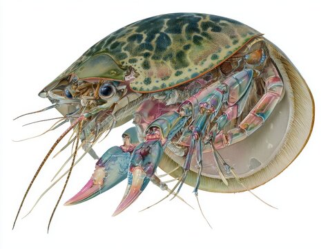 A triops longicaudatus, commonly called a shield shrimp, showing its intricate details on its multi-colored segmented body, isolated on white back ground.