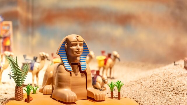 Madrid, Spain; 04-20-2025: Recreation with Playmobil toys of the Egyptian pharaohs with sffigies and pyramids over the desert