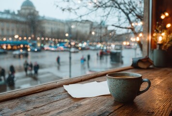 Cozy Coffee Cup on Windowsill with City View on Rainy Day
