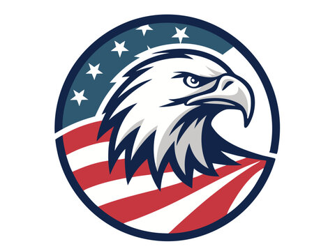 This vector illustration of a bald eagle on an American flag background represents patriotism.
