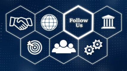 A Follow Us concept button on a futuristic .Abstract seamless animation of mesh glowing dots digital luxurious wave particles flows background. Motion of digital data flow. - Powered by Adobe