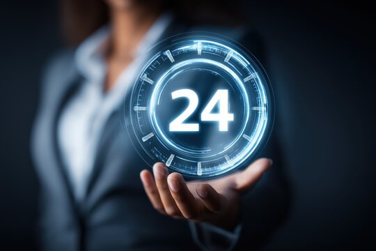 A businesswoman holds a futuristic timer indicating 24, symbolizing time management and urgency in the corporate world.