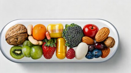 Capsule filled with fruits, vegetables, nuts, and supplements symbolizing natural nutrition and vitamins. Concept of food as medicine. Ideal for health, wellness, and dietary supplement visuals