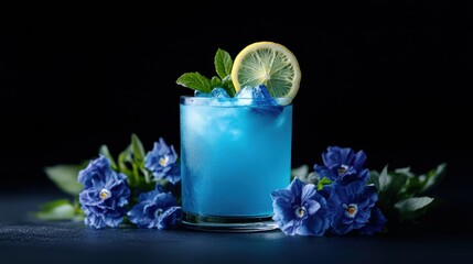 Refreshing blue cocktail with ice, lemon and mint, garnished with blue flowers