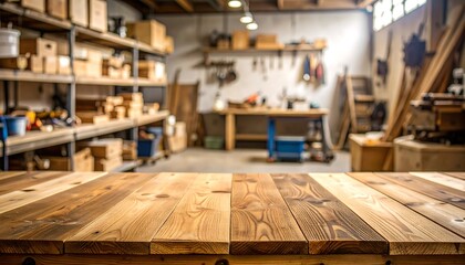 Obraz premium Rustic Wood Table in a Workshop.material, shelf, workshop, craftsmanship, industrial, interior, rustic, surface, workspace, home, modern, space, design, wood, background, table, carpenter's shop, 