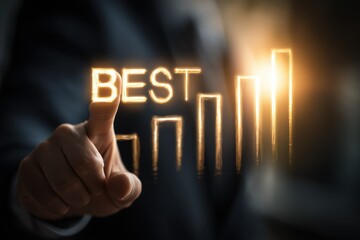 Fototapeta premium A hand pointing at the word 'BEST' with a rising graph, symbolizing success, achievement and growth in business performance.