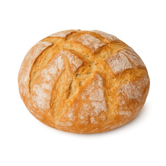 Freshly baked round loaf of bread with golden crust and visible scoring patterns