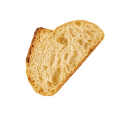 Toasted slice of bread with a golden crust and airy texture on a plain background