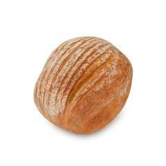 Freshly baked round loaf of artisanal bread on a plain white background