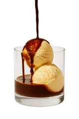 Rich chocolate sauce drizzles over creamy vanilla ice cream in a glass