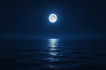 Full moon reflecting on still ocean at night, dark blue seascape with stars and peaceful mood
