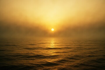 Foggy golden light over ocean with misty sky and warm sunset tones, surreal seascape mood