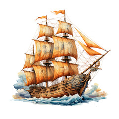 Sailboat in the sea, summer adventure, water color style.