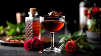 Bartender preparing manhattan cocktail with red roses and cherry garnish