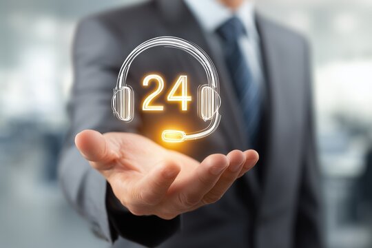 A professional offering 24-hour support with a headset icon, representing commitment to customer service and assistance.