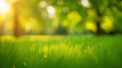 green grass and sunlight, Lush green grass with a soft-focus background 