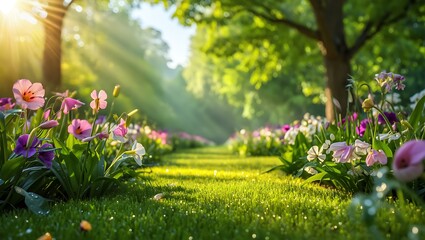 spring meadow with flowers, vibrant spring flowers and lush green grass bokeh background