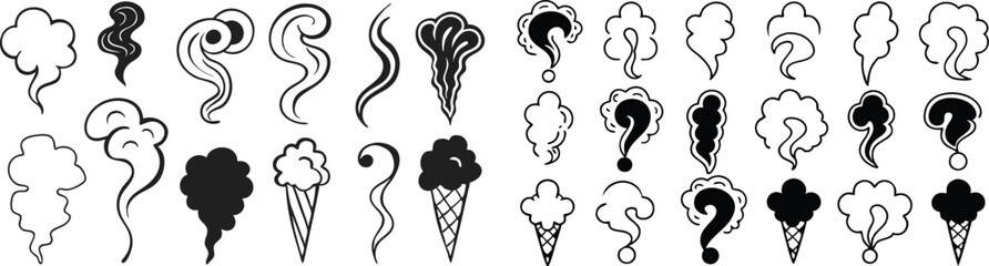 a set of different types of hair brushes, small flames, smoke effects, decorative lines, simple illustration, stylized thin lines, highly detailed fire tendrils, smooth vector lines, ground mist swirl