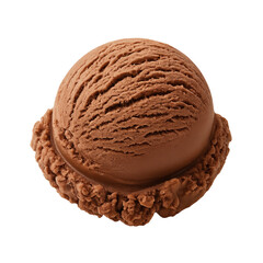 Creamy chocolate ice cream scoop with crumbly base on white background