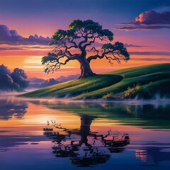 A vibrant digital painting of a solitary tree on a grassy hill overlooking a calm lake, bathed in the colorful glow of a sunset with reflections