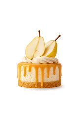 Delicious dessert with creamy layers, fresh pears, and caramel sauce served on a simple plate