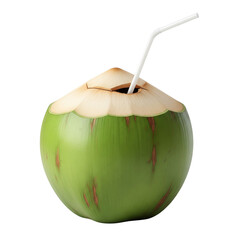 A fresh young green coconut with drinking pipe isolated on a transparent background, perfect for tropical food designs, beverage branding, and healthy lifestyle visuals