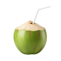A fresh young green coconut with drinking pipe isolated on a transparent background, perfect for tropical food designs, beverage branding, and healthy lifestyle visuals
