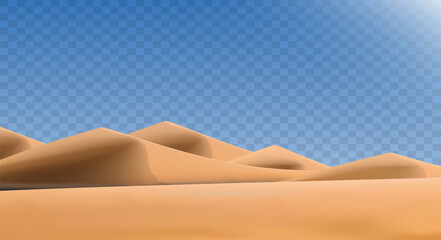 Realistic desert landscape isolated on transparent background. Sandy desert dunes. Vector
