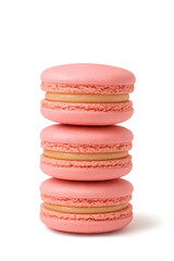 Delicate pink macarons stacked elegantly against a white background