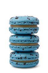 Colorful blue macaron stack with chocolate speckles on a white background