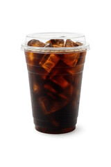 Iced coffee drink with ice cubes in clear cup captured in a bright setting